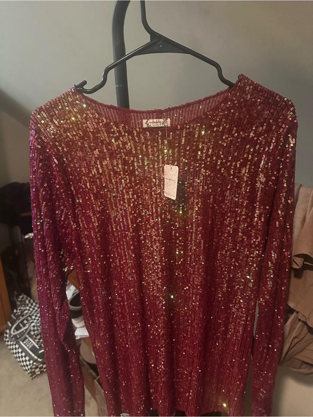 Nordstrom Burgundy Sequin Long-Sleeve Top